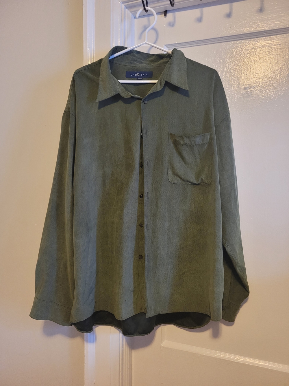 Chereskin XXL Suade Like Button-Up Shirt in Olive Green Comfy Dress Up Or Cas